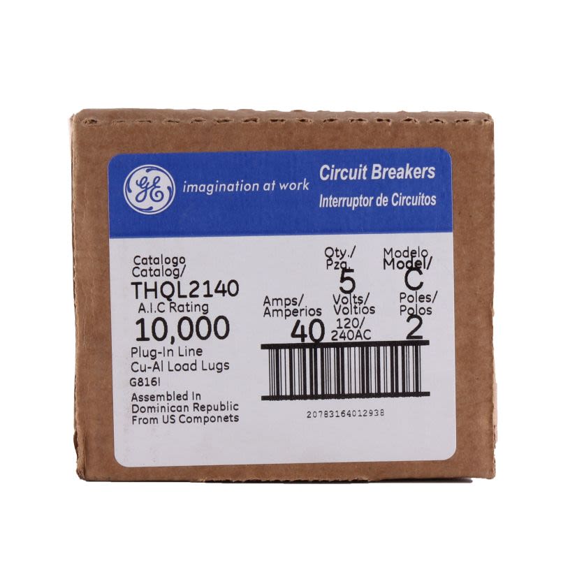 GE Q-Line® THQL2140 Molded Case Circuit Breaker, 120/240 VAC, 40 A, 10 kA Interrupt, 2 Poles, LI/Non-Interchangeable Thermal Magnetic Trip